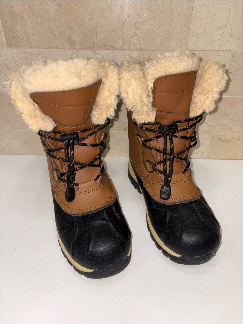 BearPaw Tan and Black Insulated Winter Boots, Shearling Collar